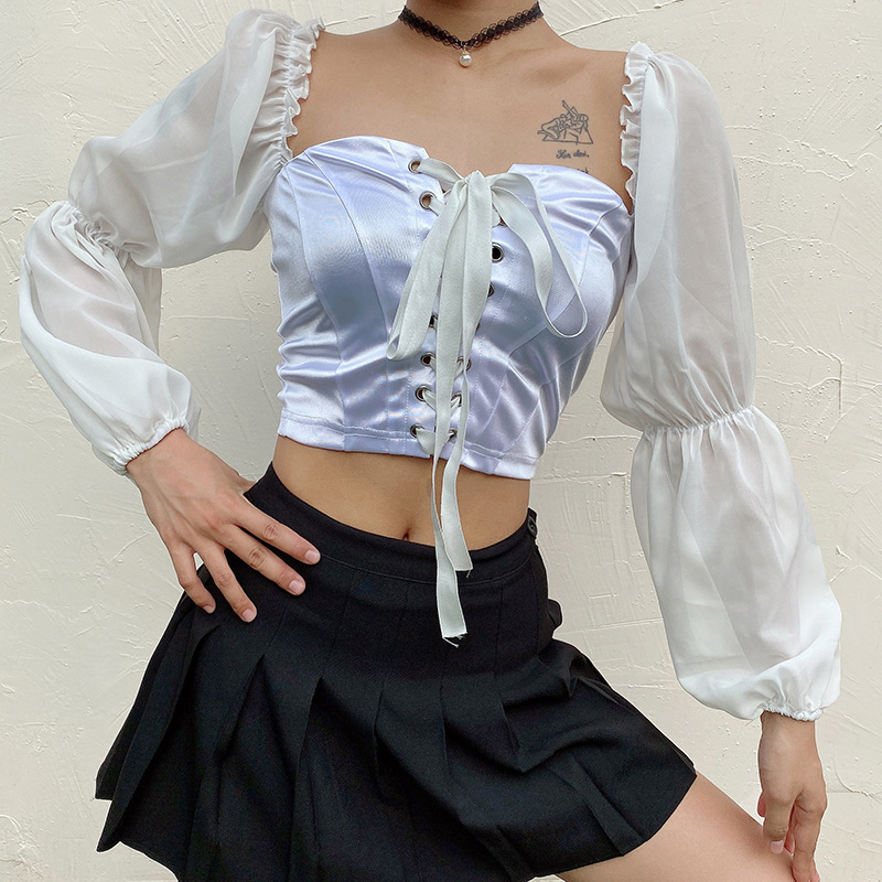 Title 4, Mesh Puff Sleeve Tie Top. Breathable and stylis...