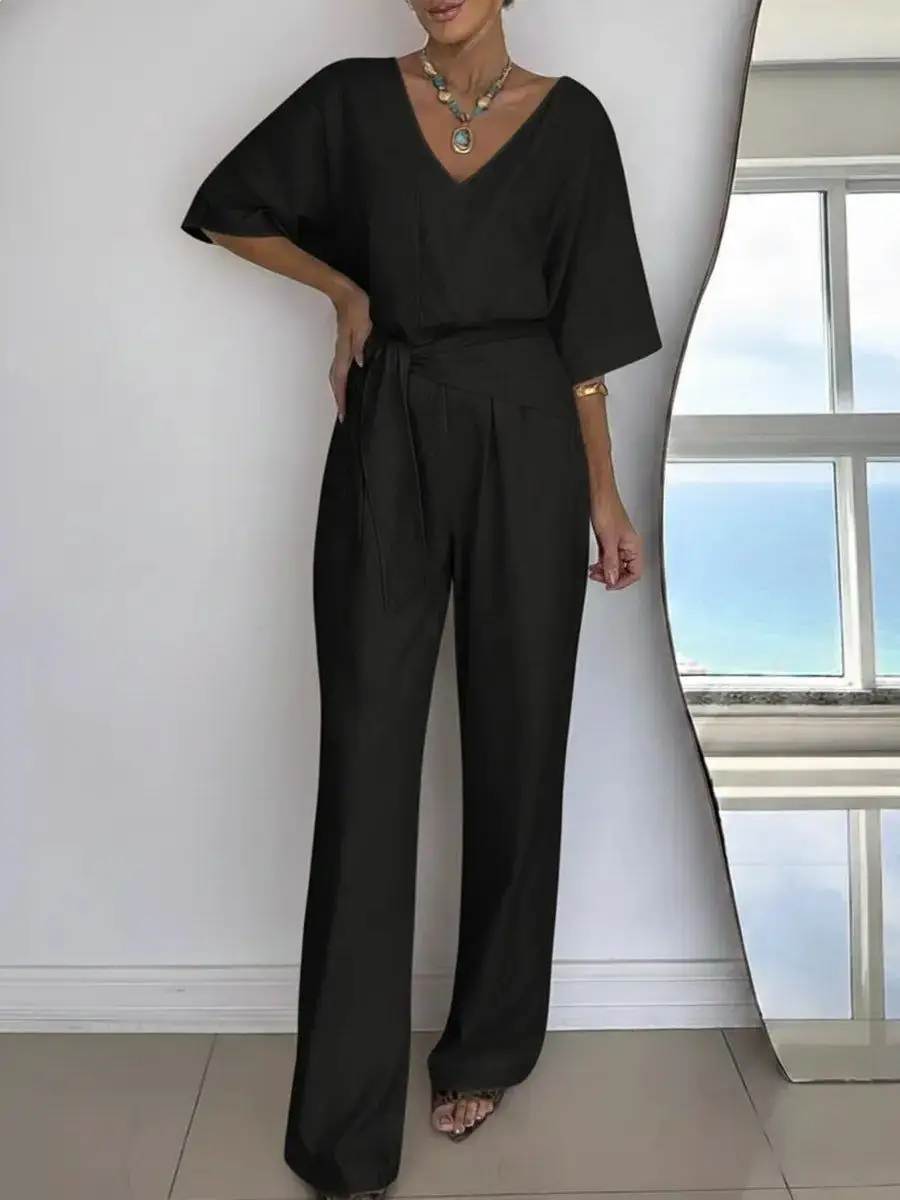 Spring Summer Solid Color V-Neck Casual Mid-Length Sleeve Jumpsuit With Belt Trousers