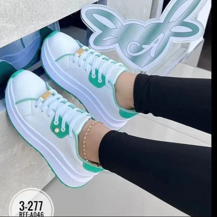 Women's Platform Shoes Lace-up White Shoes - Green