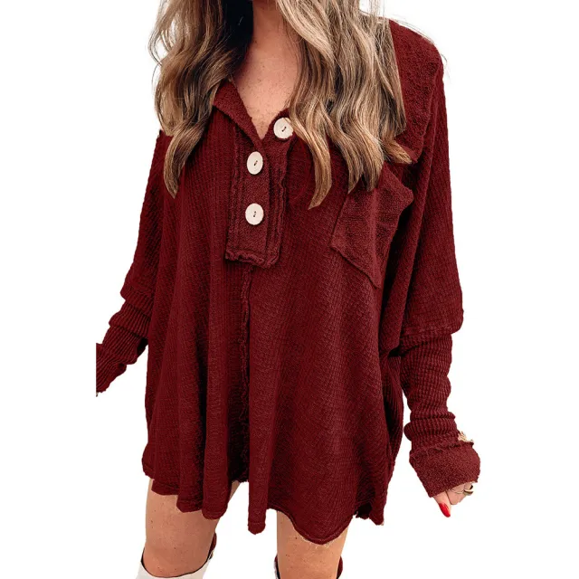 Women's Long sleeved Lapel Versatile Mid length T shirt Red - Shop at LoveMi