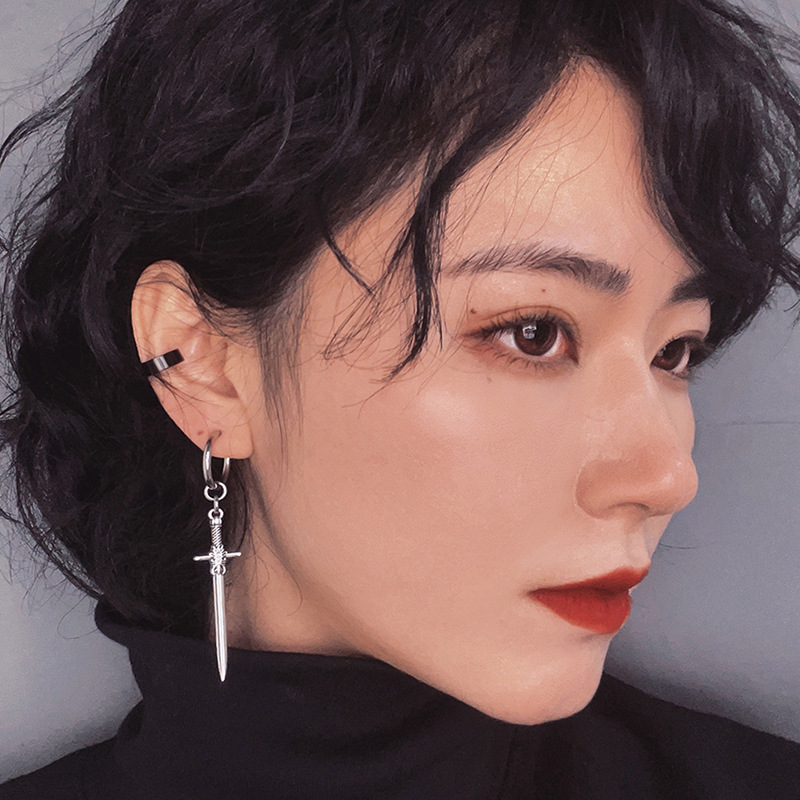 Hip Hop Titanium Steel Sword Stud Earrings Personalized Minority Long Temperament Fashion Normcore Style