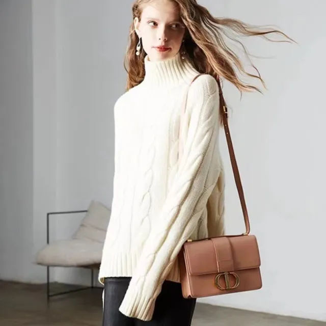 Women's High Neck Thickened Idle Style Pullover Cable knit Sweater White - Shop at LoveMi