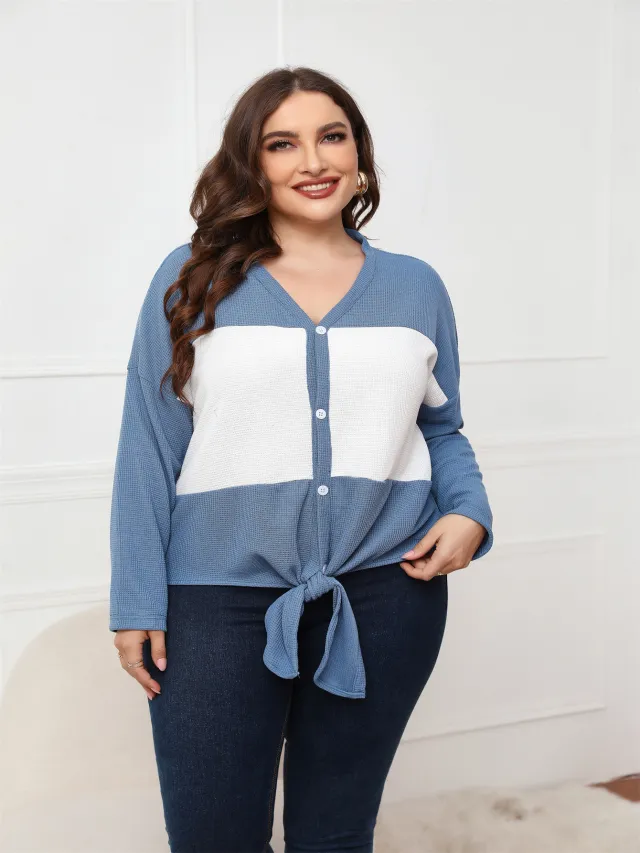 Long sleeved V neck Open Placket Top Blue - Shop at LoveMi