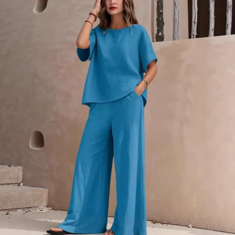 Women's Solid-color Casual Round-neck Short-sleeve And Long-pants Set