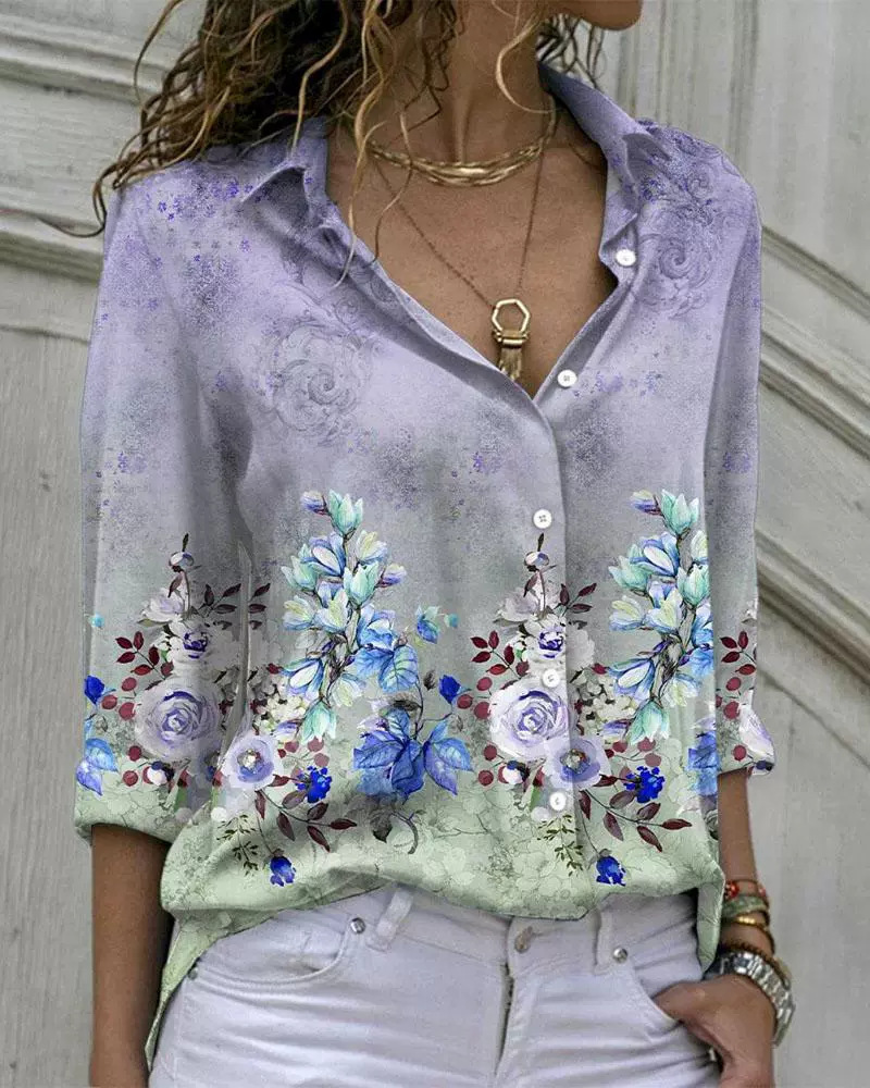 Women's Summer Shirt Digital Printing Plant Flower Pattern