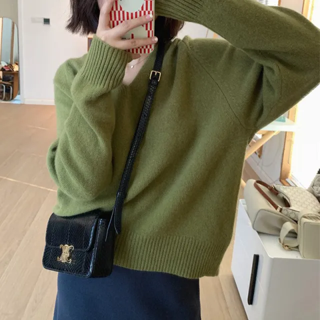 Simple Basic V neck Casual Style Knitwear Soft Glutinous Small Short Bottoming Shirt Sweater Olive - Shop at LoveMi