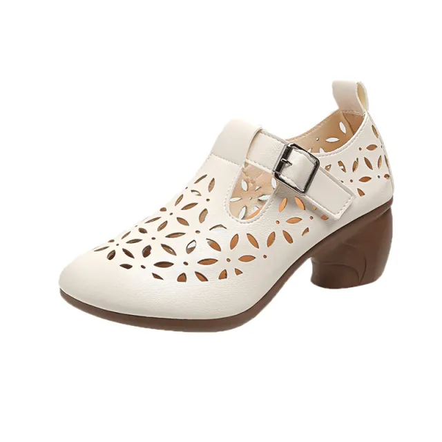 High Heel Retro Hollow Sandals Spring And Summer New Round Toe Buckle Mom Shoes Beige - Shop at LoveMi