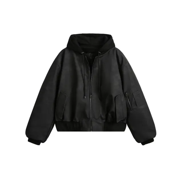 American Retro Fake Two piece Flight Jacket Winter Cotton padded Coat Black Regular - Shop at LoveMi
