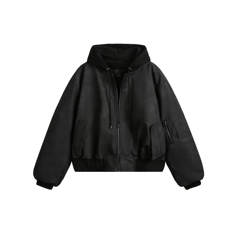 American Retro Fake Two-piece Flight Jacket Winter Cotton-padded Coat - Black Regular