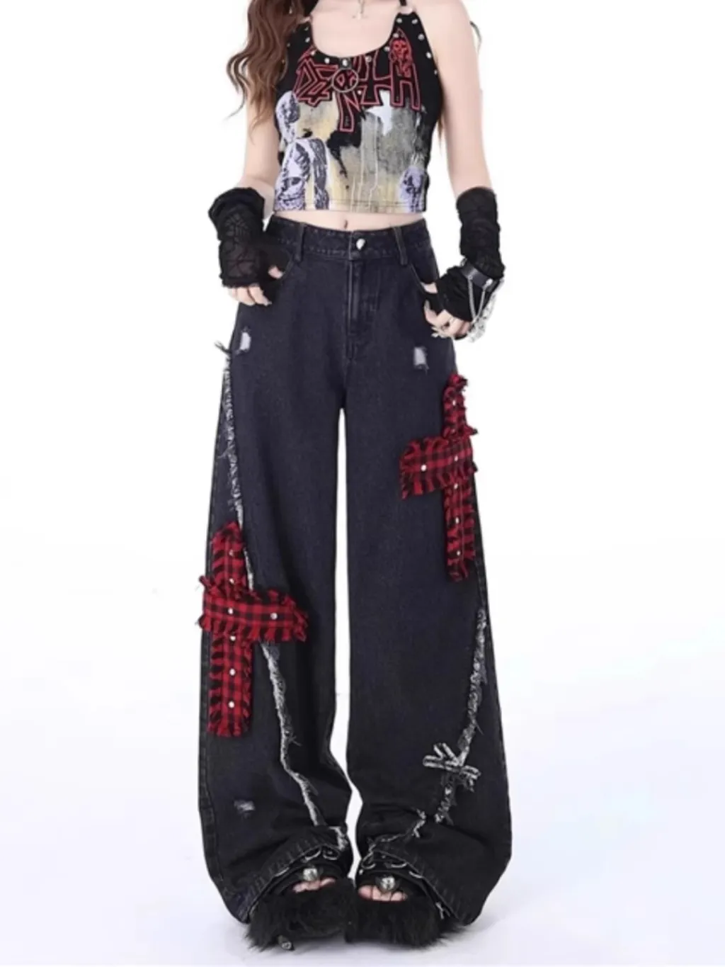 Retro Tattered Stitching Red Plaid Jeans - Black