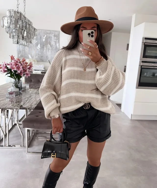 Loose Striped Mock neck Contrast Color Knitwear Pullover Sweater Khaki - Shop at LoveMi