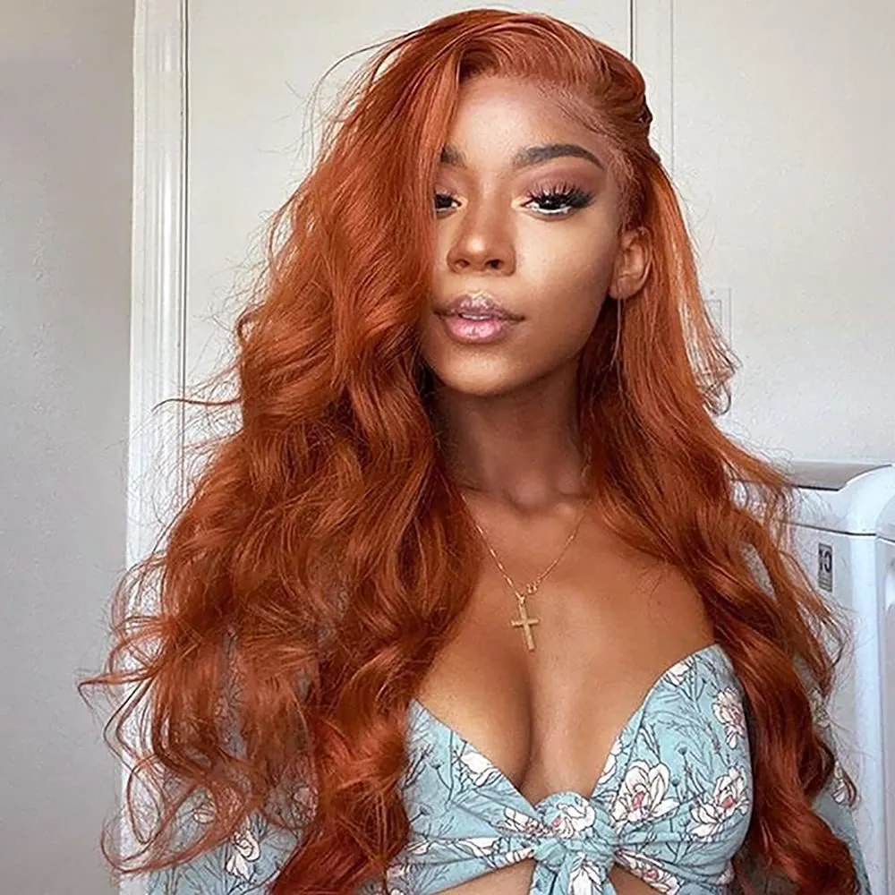 Women's Long Curly Hair Mid-length Large Wave Front Lace Synthetic Wigs - Orange