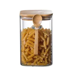 Square Glass Home Coffee Beans With Wooden Spoon Kitchen Glass Storage Jar - 1000Ml - View 1