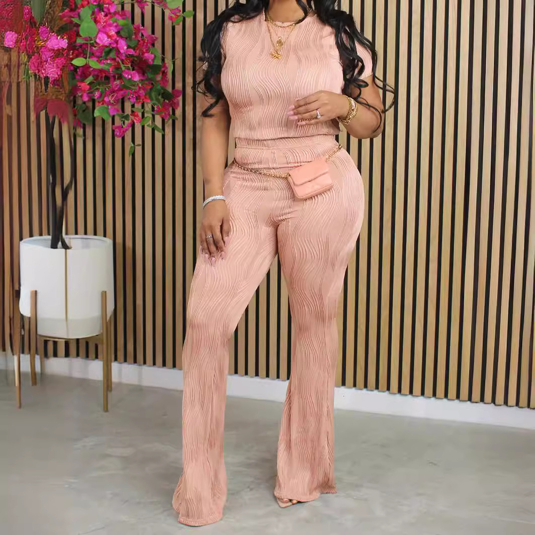 Casual Short Sleeve Flared Pants Suit
