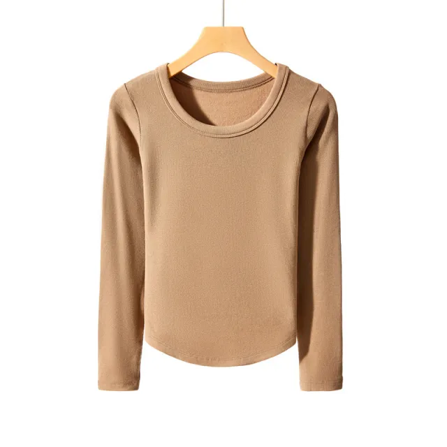Bottoming Women's Long sleeved Shirt Round Neck Sweater Camel - Shop at LoveMi