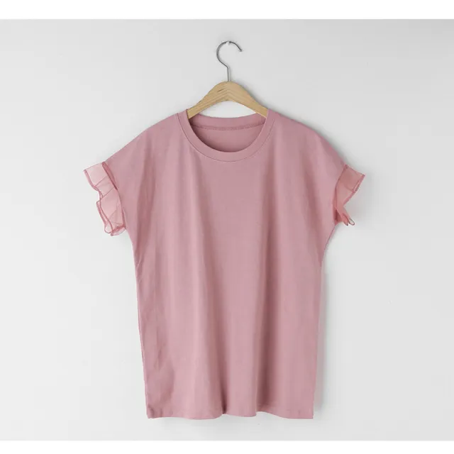 Women's Mesh Ruffle Sleeve Round Neck Solid Color T shirt Pink - Shop at LoveMi