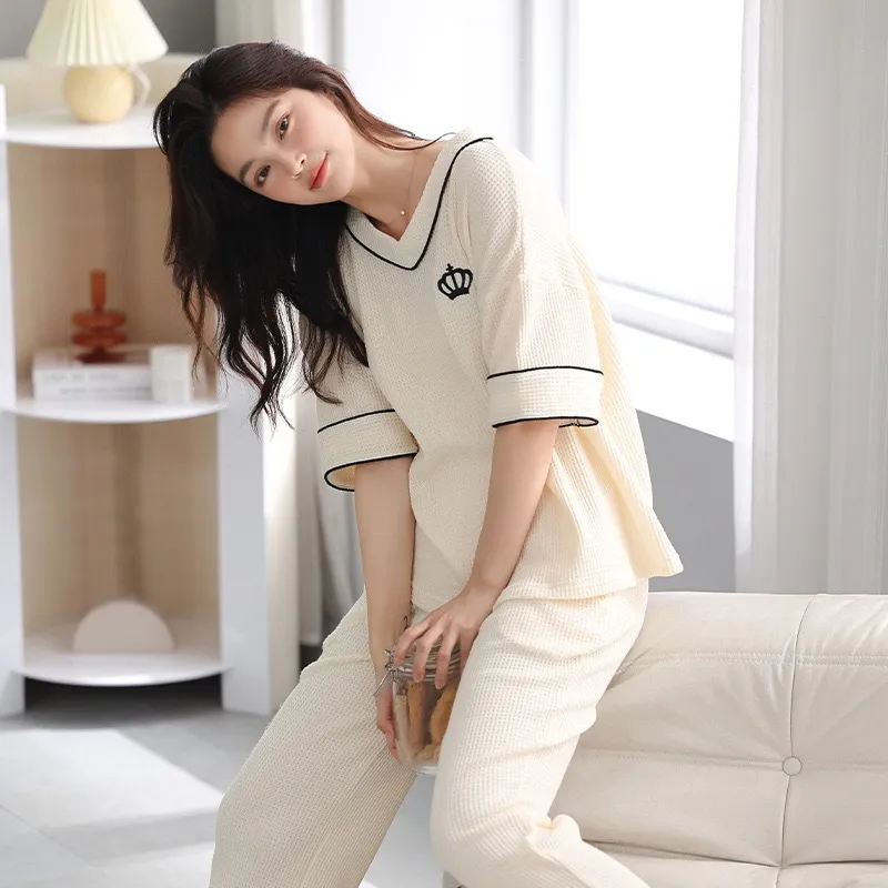 Summer Pyjamas Women's Short-sleeved Trousers Round Neck Cotton Homewear Cartoon Suit - Yne1386 Style