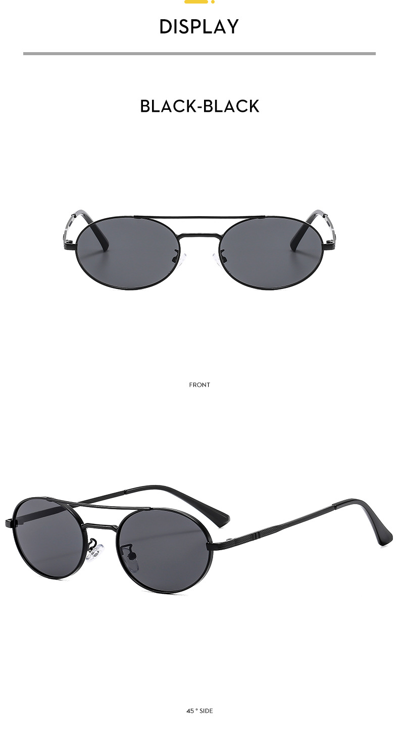 Metal sunglasses side profile view showing oval silhouette and dual-beam frame