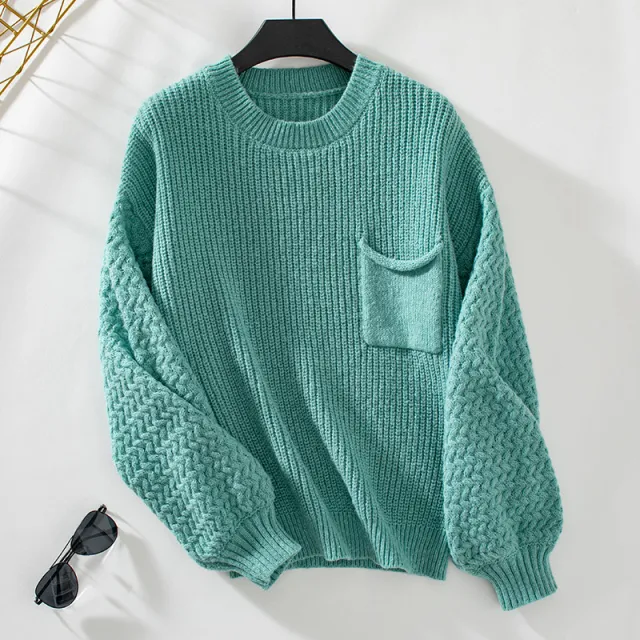Loose Pockets Knitwear For Lantern Sleeve Sweater Women Green - Shop at LoveMi