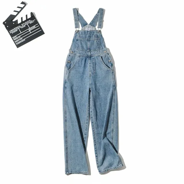 Loose Straight Retro Denim Suspender Pants Blue - Shop at LoveMi