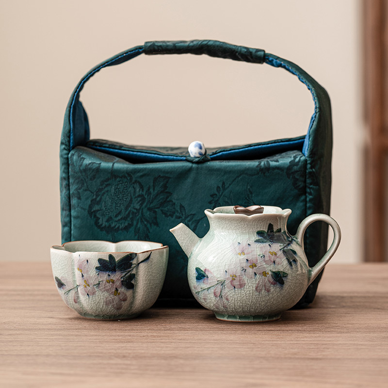 Ice Flower Hand-painted Magnolia Portable Travel Tea Set Ceramic