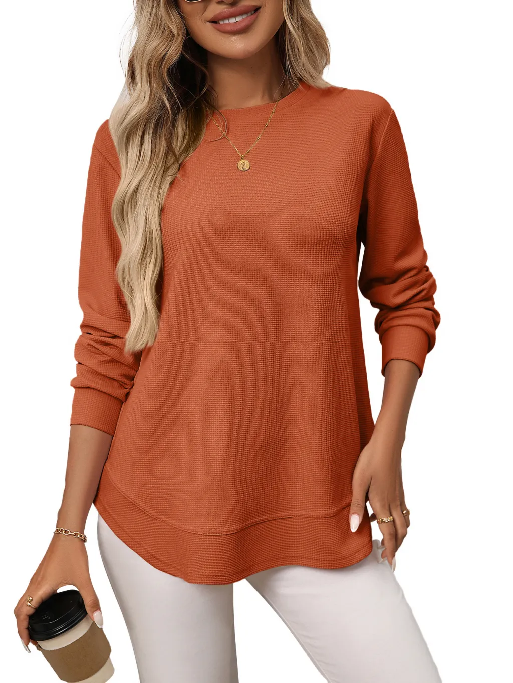 European And American Loose Waffle Casual All-match T-shirt Knitted Long Sleeve - Caramel-Xxl