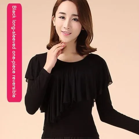 Square Dance Clothing Mesh Round Neck Latin Dance Dancing Practice Clothes Black Long Sleeve Top - Shop at LoveMi