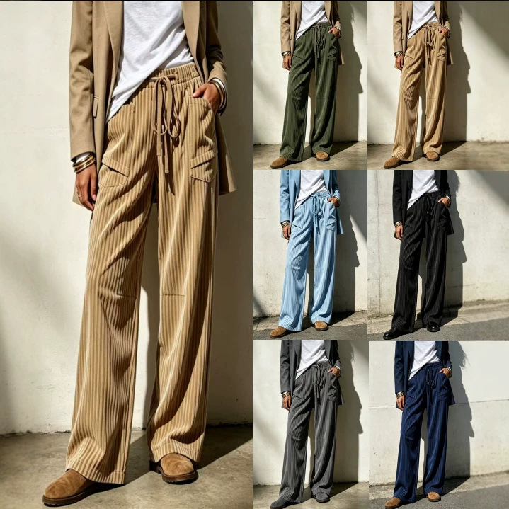 Womens Casual Loose-Fit Long Pants With Drawstring Pockets