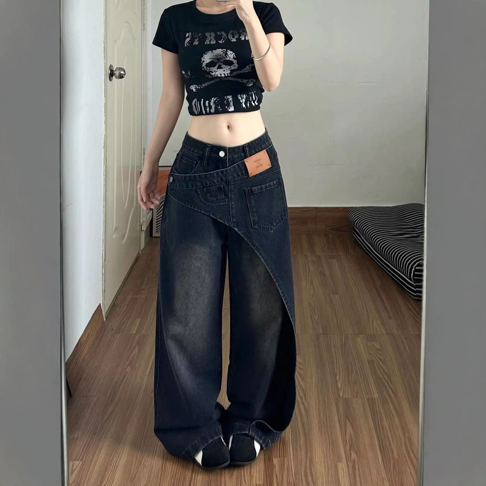 Patchwork Black And Gray Womens Jeans