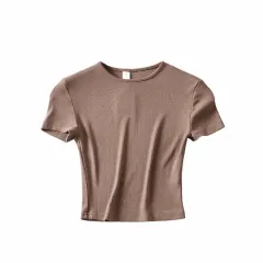 New Basic Style Slim-fit Solid Color Round Neck Bottoming Shirt Workout Top - Khaki - View 1