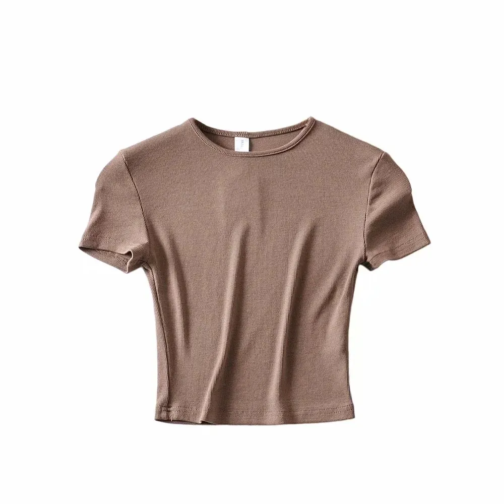 New Basic Style Slim-fit Solid Color Round Neck Bottoming Shirt Workout Top - Khaki