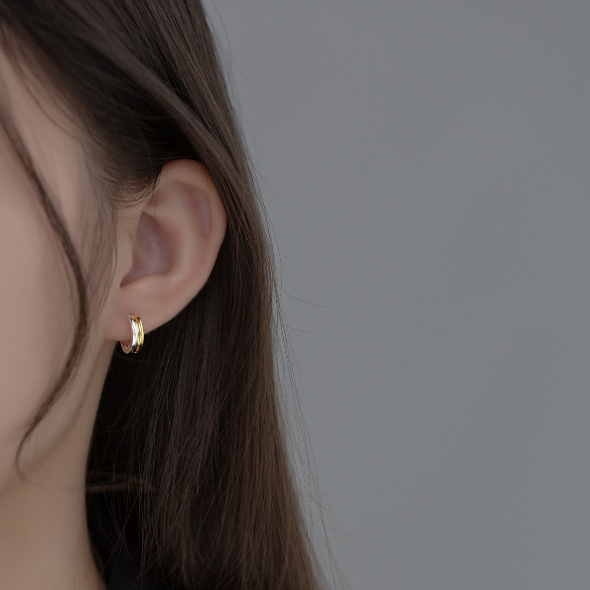 S925 Silver Bi-color Ear Clip Glossy Double Ring Color Separation Earrings