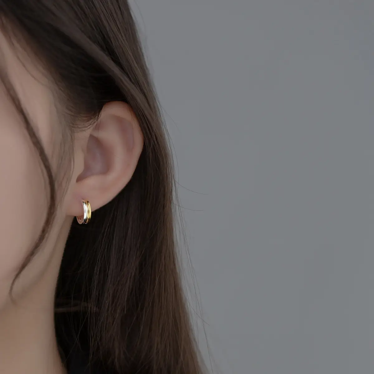 S925 Silver Bi-color Ear Clip Glossy Double Ring Color Separation Earrings
