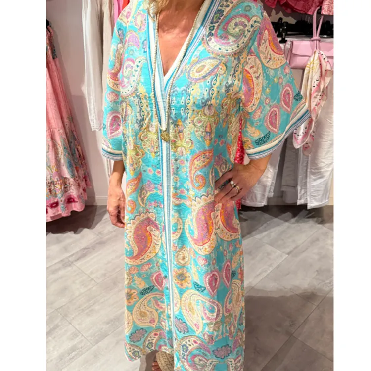 V-neck Fashion Vacation Printed Women's Dress - Light Blue