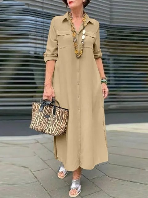 Elegant Solid Color Long Sleeve Button Lapel Dress Khaki - Shop at LoveMi