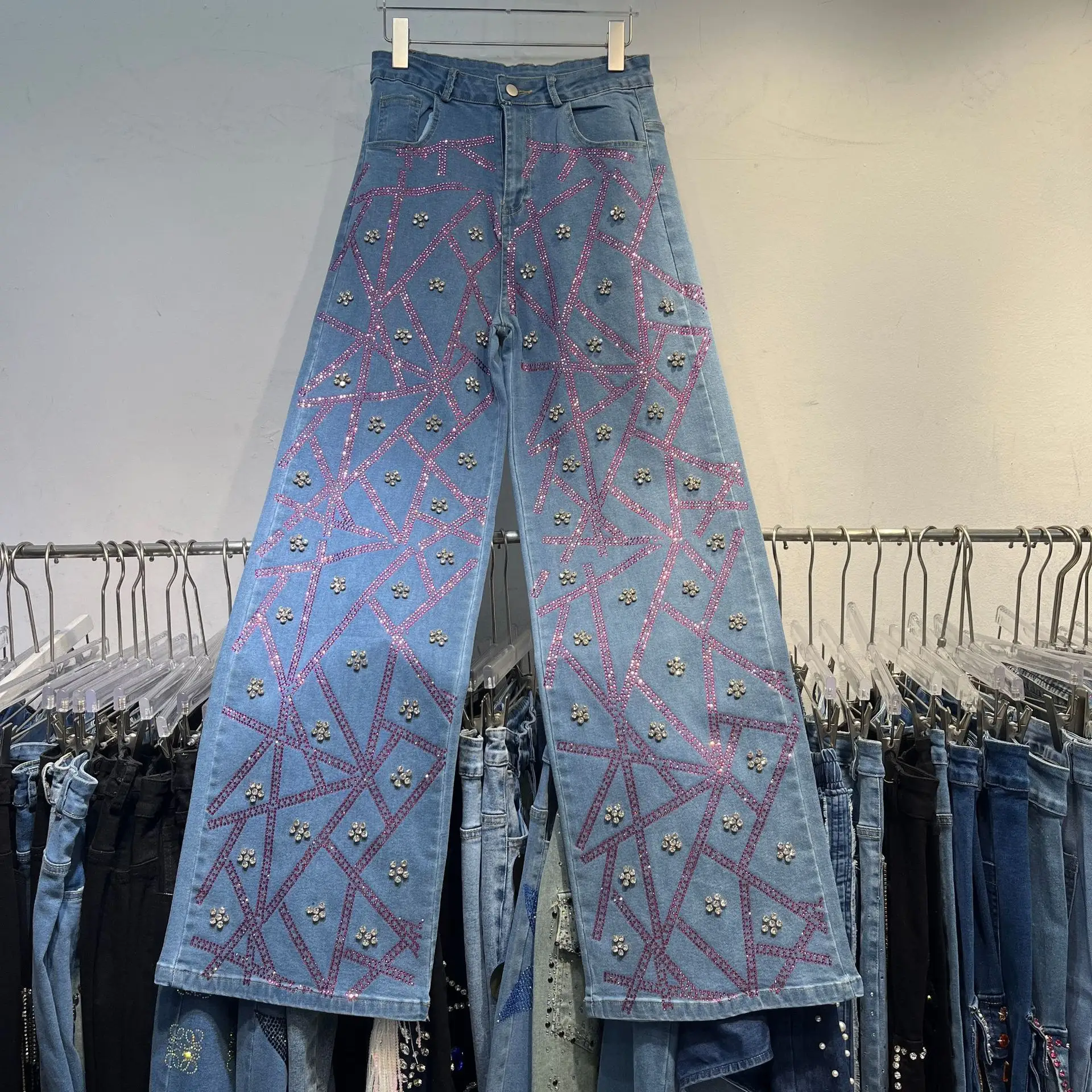 Heavy-duty Asymmetrical Rhinestone-studded Fashion Casual Wide-leg Pants