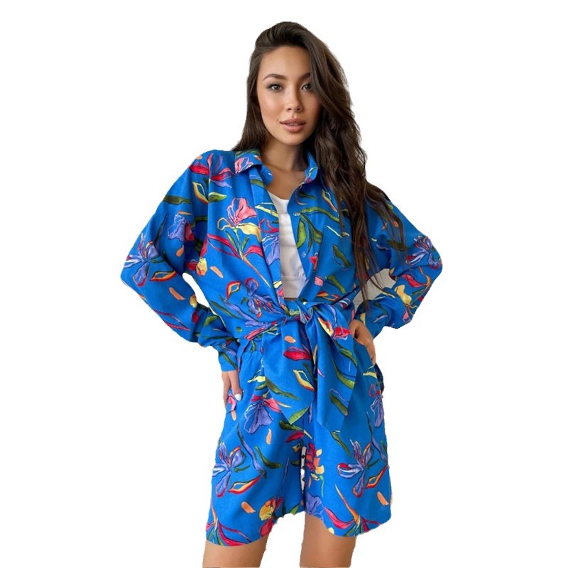European And American Suit Women's Printed Long-sleeved Shirt Shorts Ladies