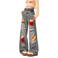 Ripped Jeans Women Loose Straight Wide Leg Oversized Trousers - Blue - View 1