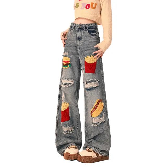 Ripped Jeans Women Loose Straight Wide Leg Oversized Trousers Blue - Shop at LoveMi