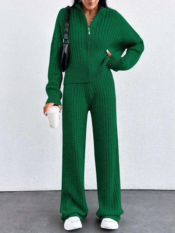 Autumn And Winter New European And American Women's Casual Loose Zip Top And Trousers Two piece Set Green - Shop at LoveMi