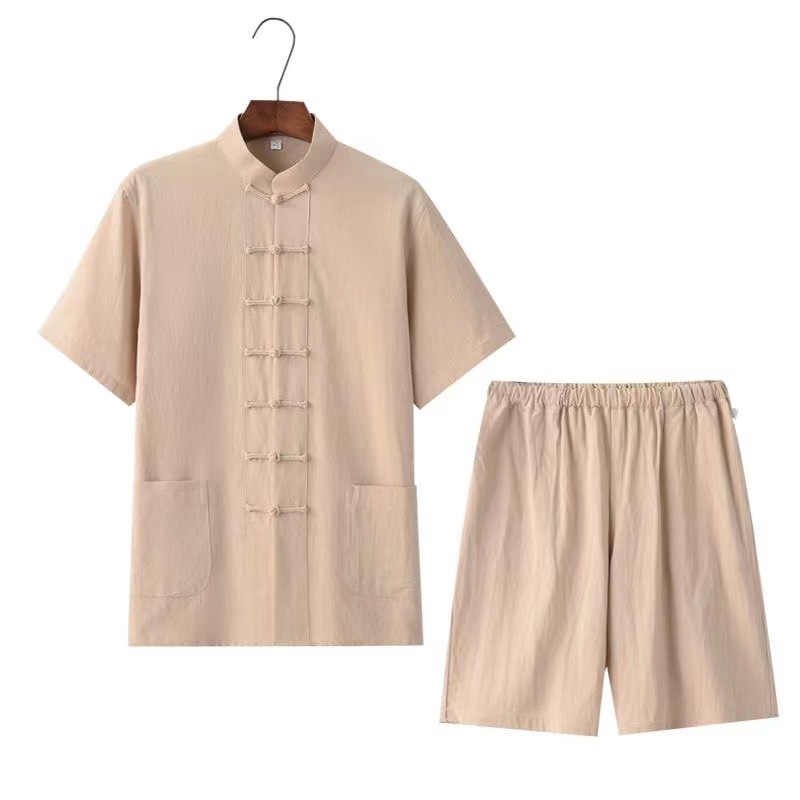 Men's Traditional Chinese Style Button-Placket Shirt And Middle-AgedSenior Monks Robe Two-Piece Set
