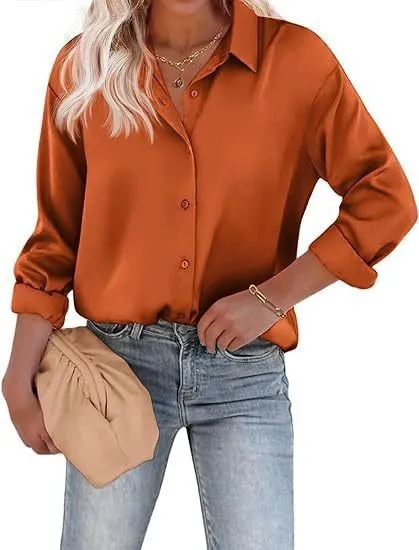 Women's Satin Top Long Sleeve Button Shirt Autumn Light Brown - Shop at LoveMi