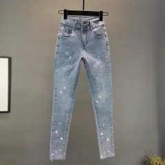 Elastic Slim Fit Slimming Heavy Embroidery Hot Drilling Tappered Pencil Pants - Light Blue - View 1