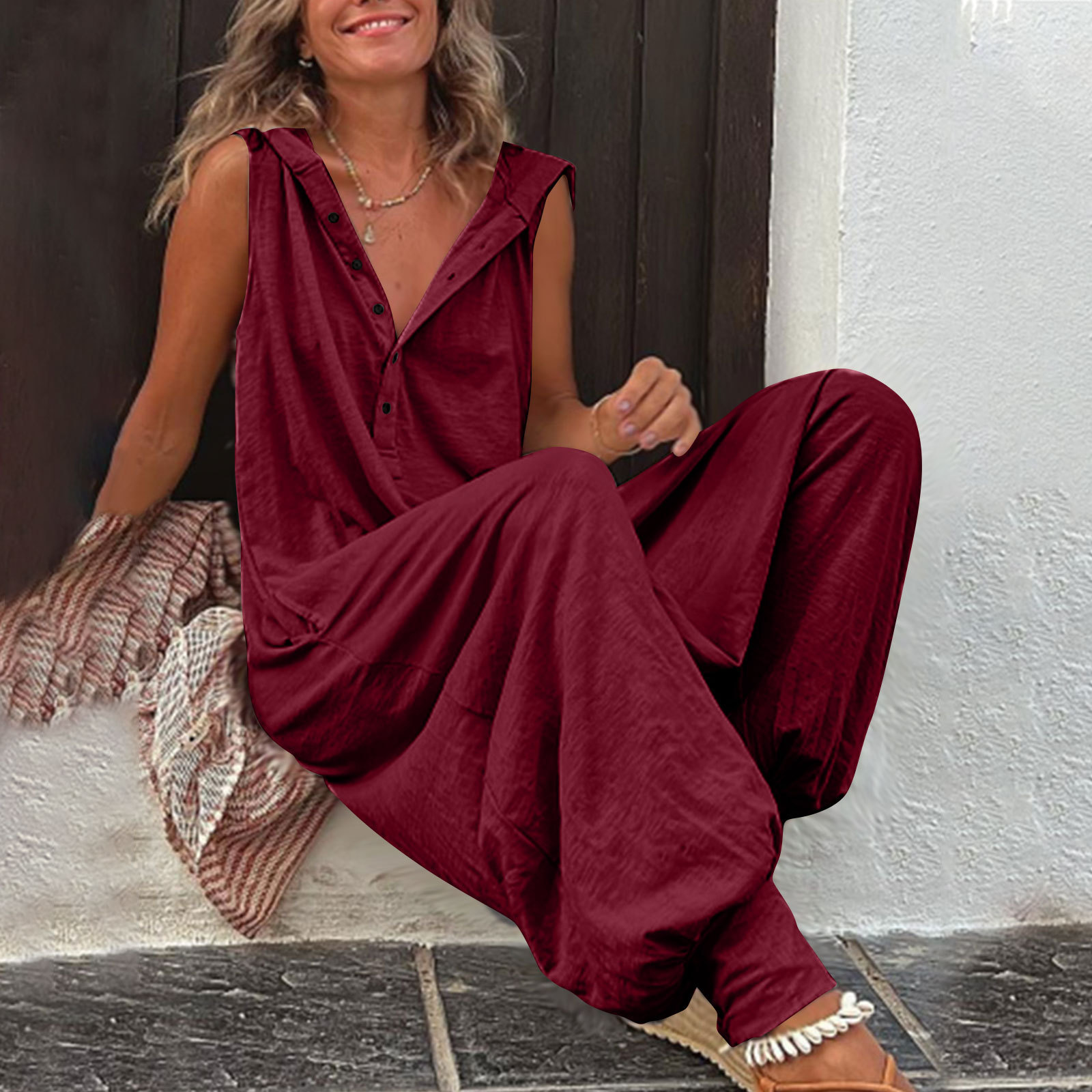 Women’s sleeveless hooded relaxed fit jumpsuit in multiple colors