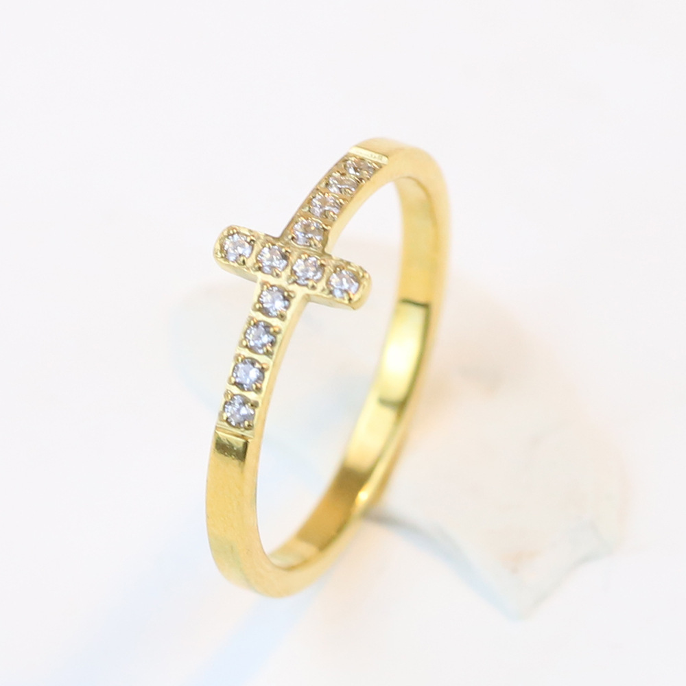 Simple Style Diamond 304 Titanium Steel Cross Ring Female Temperament Wild Vintage