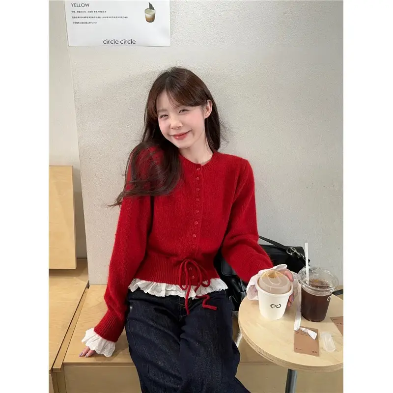Womens Solid-Color Defined-Waistline Lace-Patchwork Sweater