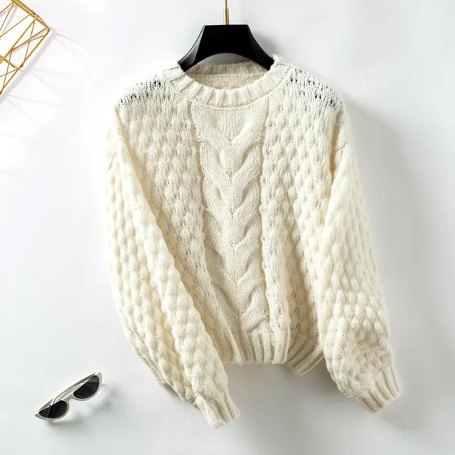 Autumn And Winter Loose Round Neck Twist Puff Sleeve Knitted Sweater For Women Beige - Shop at LoveMi