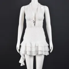 V-neck Hollow-out Pouf Skirt With Neck-tie Straps And A Backless Fine-fiber Mini Skirt - Apricot - View 1