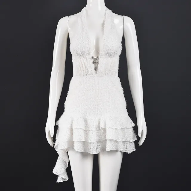 V neck Hollow out Pouf Skirt With Neck tie Straps And A Backless Fine fiber Mini Skirt Apricot - Shop at LoveMi