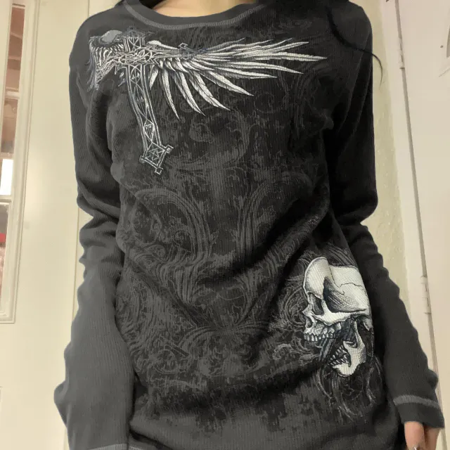 Women's Printed Long T Casual Retro Printed Top Graphite Color S - Shop at LoveMi